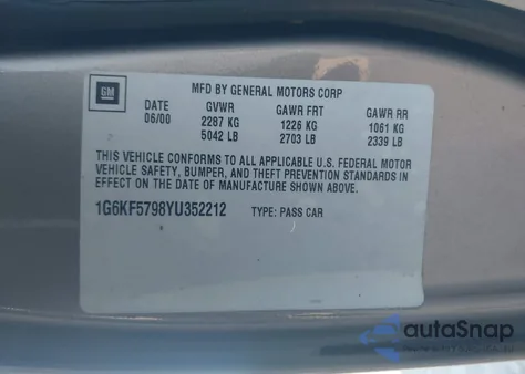 2000 Cadillac Deville Dts z USA, uszkodzony, nr VIN 1G6KF5798YU352212